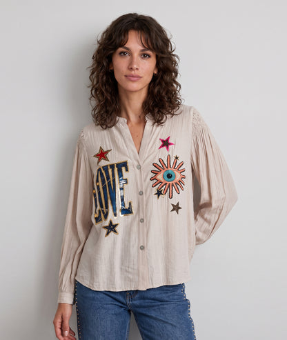 Chemise Lova beige effet froissé avec motifs fantaisie — marque Carnaby