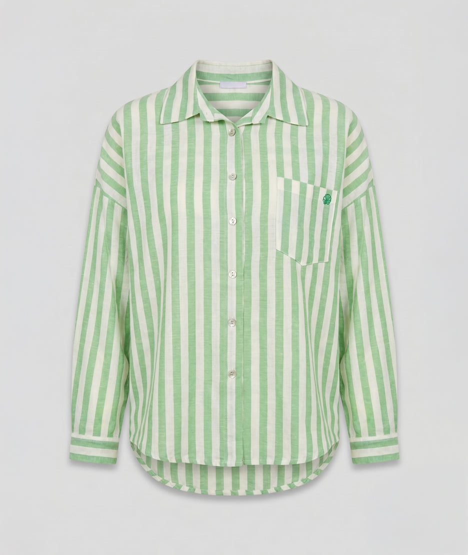 Chemise Noumea verte rayures vert sauge boutons nacrés avant- Carnaby
