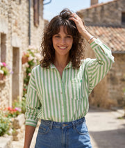 Chemise Noumea verte rayures vert sauge boutons nacrés face avant- Carnaby