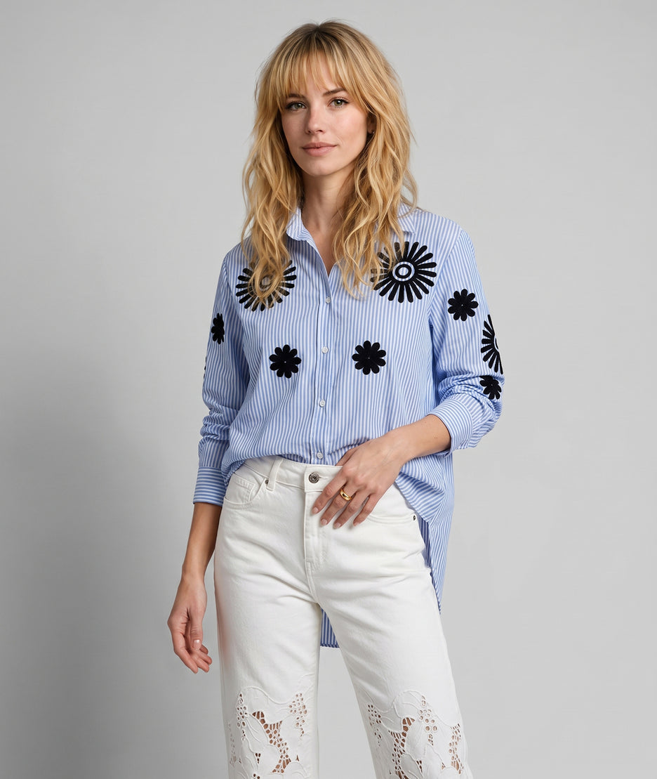 Chemise Rayflo à rayures avec broderies bleu face