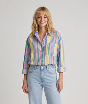 Chemise Raymu multicolore à rayures portée de face — look quotidien Carnaby