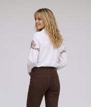Chemise femme blanche 100 % coton avec broderies choco