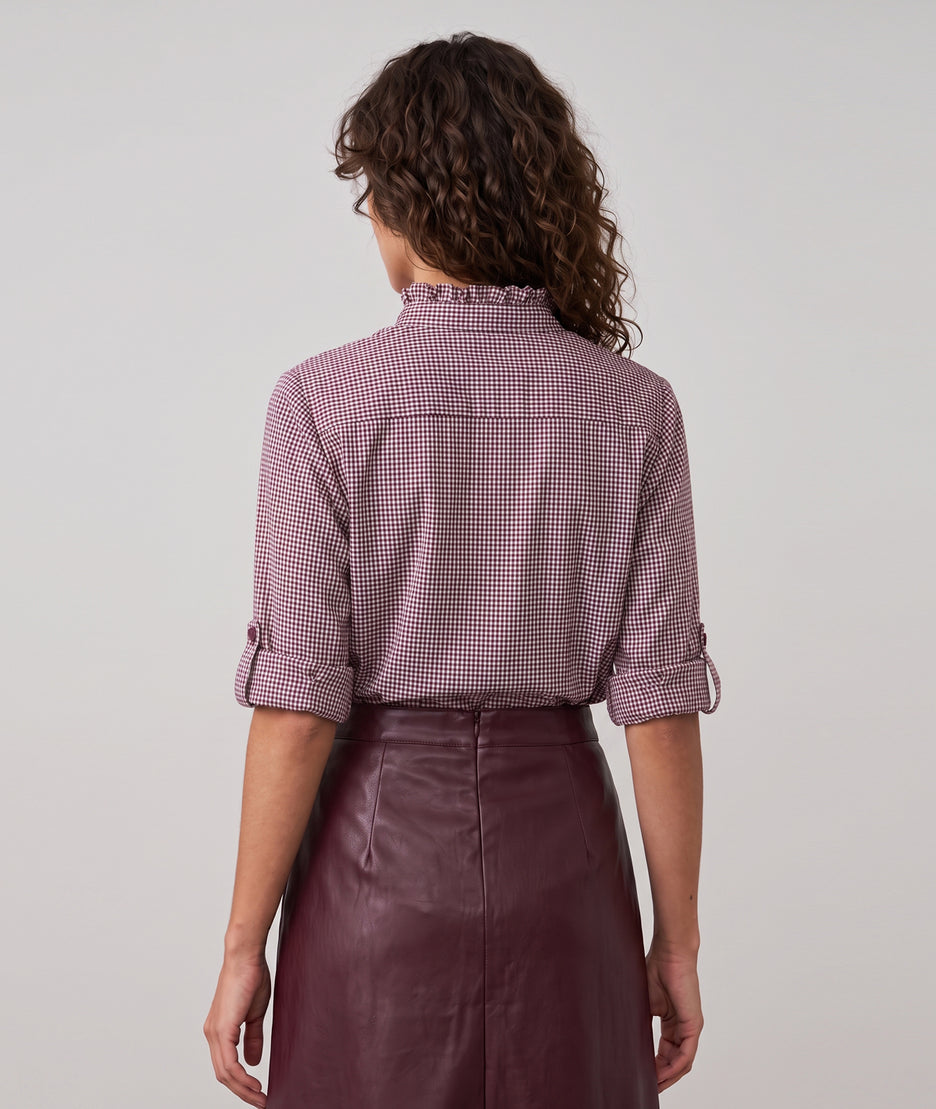 Chemise à carreaux femme bordeaux col mao à volants Sev – Carnaby