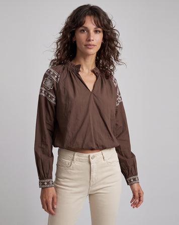 Blouse femme choco 100 % coton à broderies bohèmes