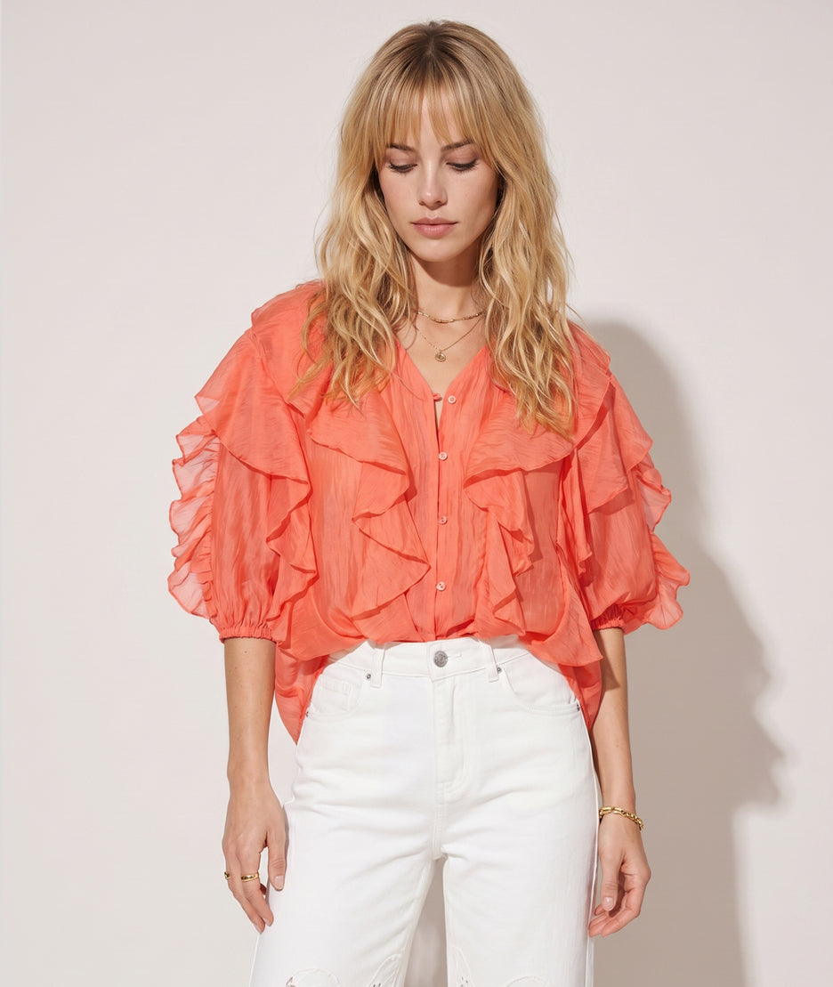 Chemise Valentina fluide à volants orange face