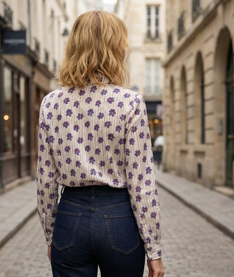 Chemise Violetta à rayures et fleurs - blanc