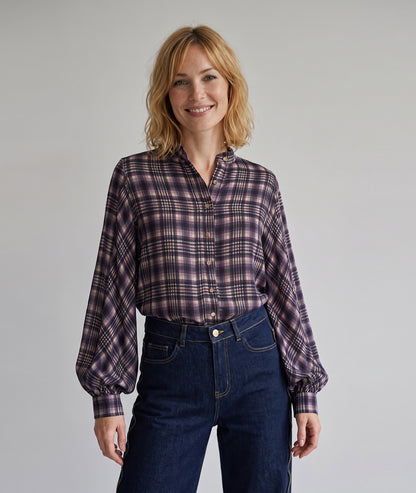 Chemise Violine violette à carreaux avec manches bouffantes — marque Carnaby