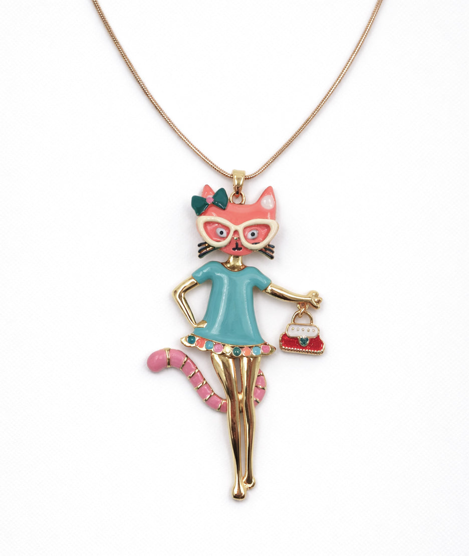 Collier sautoir pendentif Chat jaune détail