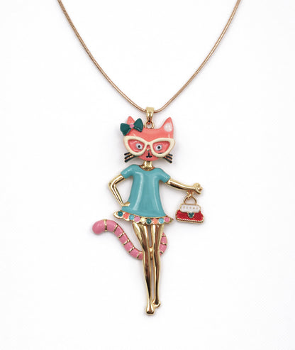 Collier sautoir pendentif Chat jaune détail