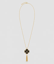 Collier Trèfle doré sautoir avec pendentif noir et franges — marque Carnaby