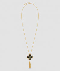 Collier sautoir Treffle avec pendentif et franges - noir