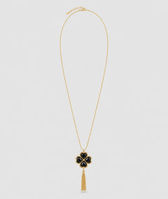 Collier Trèfle doré sautoir avec pendentif noir et franges — marque Carnaby