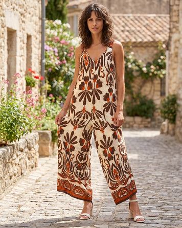 Combinaison Dorita orange palazzo imprimé baroque terracotta face - Carnaby