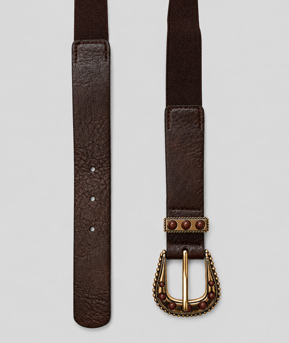 Ceinture style western femme choco avec boucle dorée et pierres