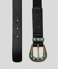 Ceinture style western femme noir avec boucle dorée et pierres