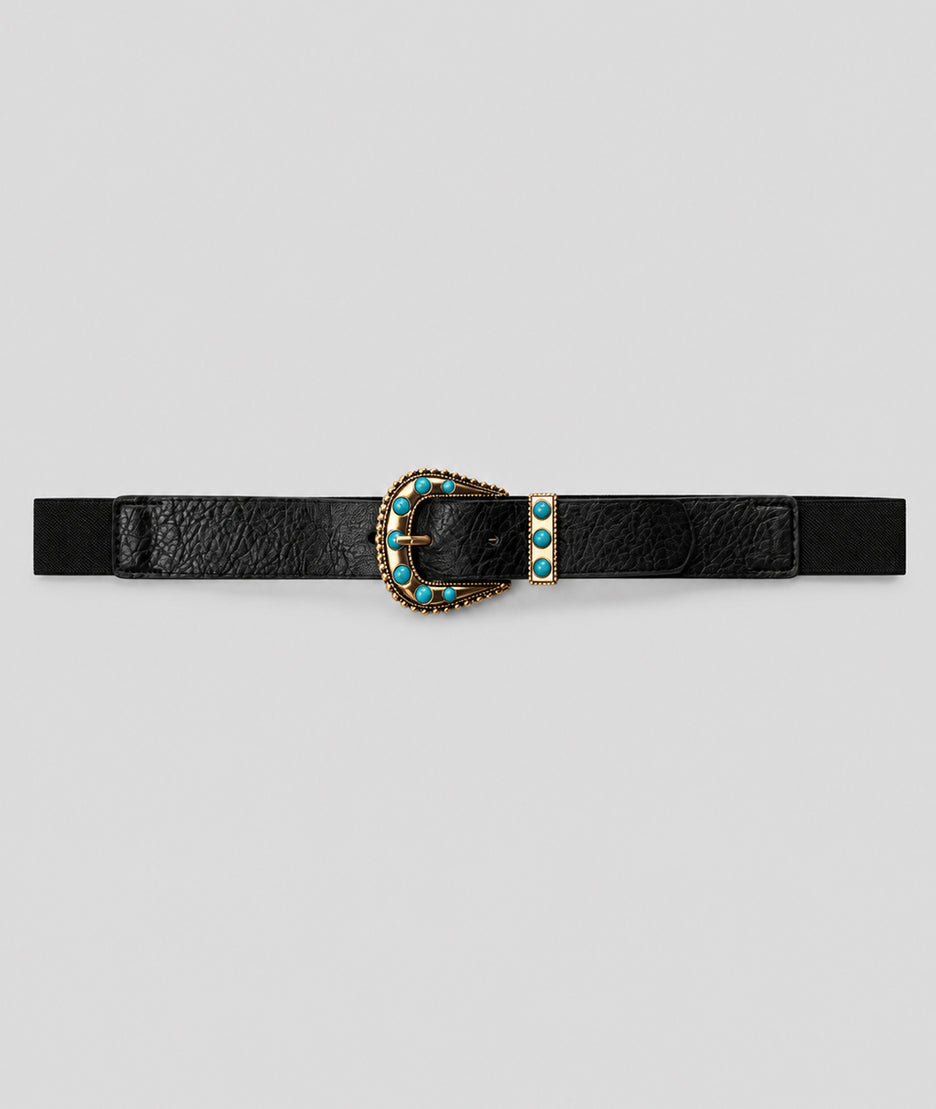 Ceinture style western femme noir avec boucle dorée et pierres