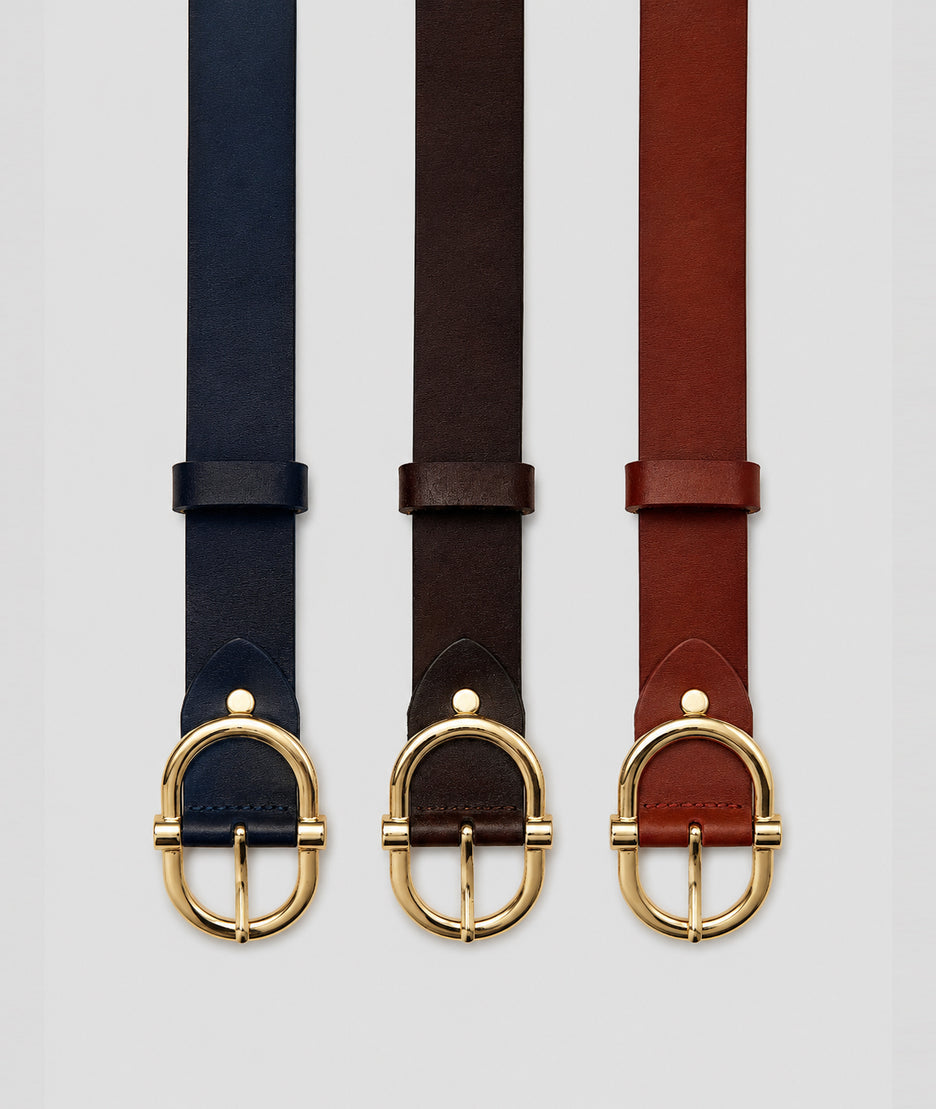 Ceinture femme effet cuir bordeaux, marine et choco à boucle dorée à plat - Carnaby