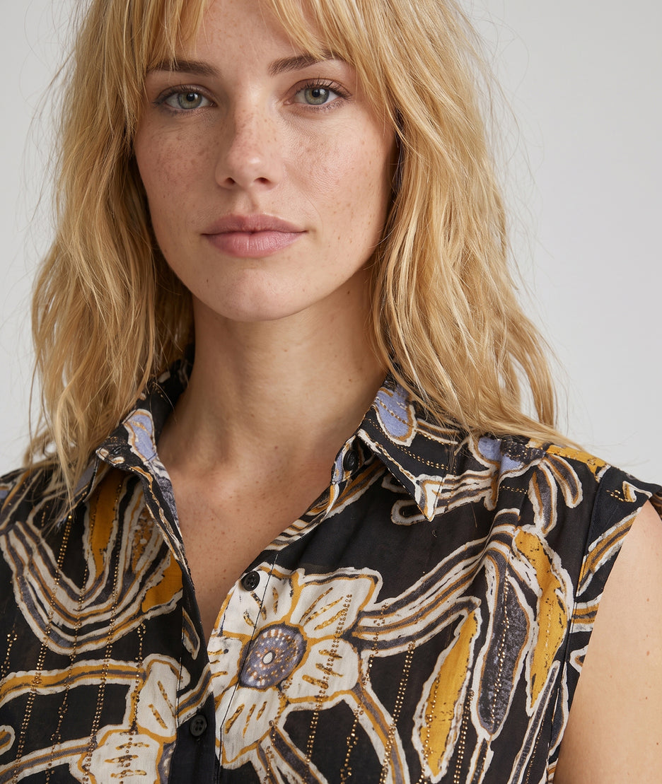 Chemisier Brilla noir détail avant imprimé floral safran et strass dorés, Carnaby
