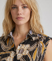 Chemisier Brilla noir détail avant imprimé floral safran et strass dorés, Carnaby