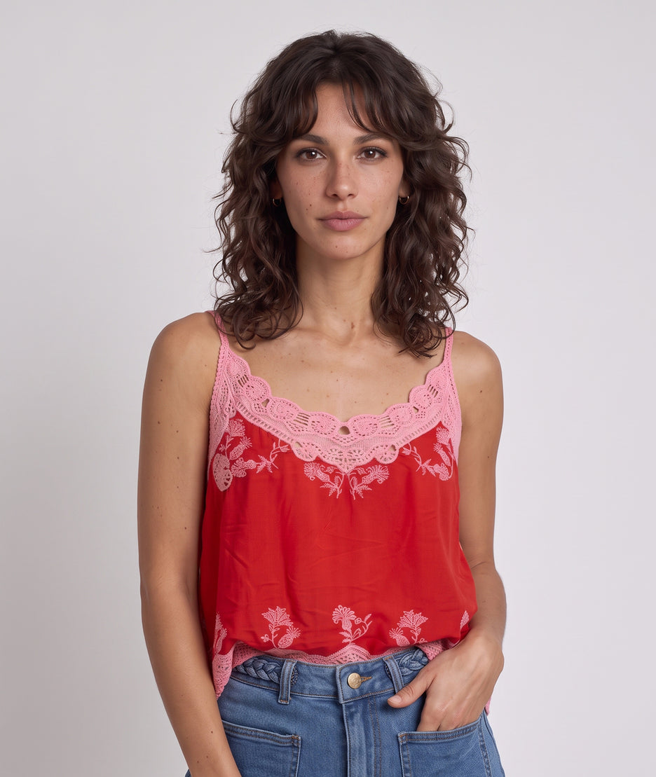 Débardeur Celine rouge à dentelles face — marque Carnaby