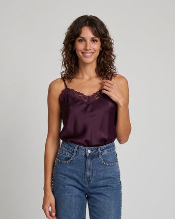 Débardeur Dianna bordeau en satin avec dentelle — marque Carnaby