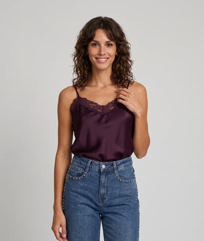 Débardeur Dianna bordeau en satin avec dentelle — marque Carnaby