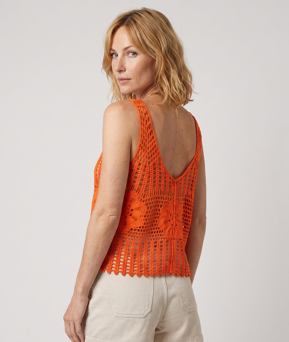 Débardeur Elia orange en maille ajourée dos — marque Carnaby