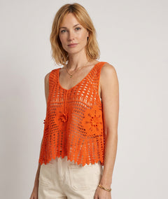 Débardeur Elia orange en maille ajourée face — marque Carnaby