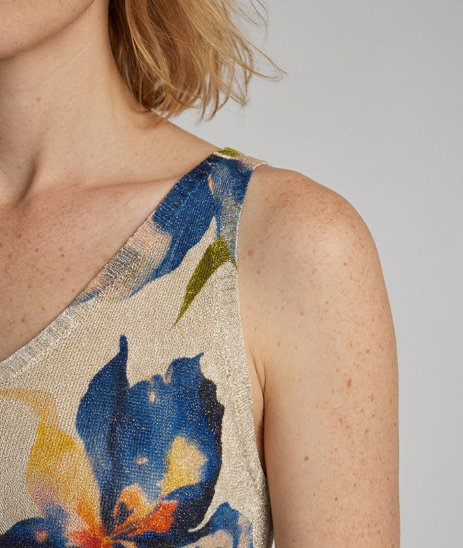 Débardeur Flore pailleté motif fleurs - bleu