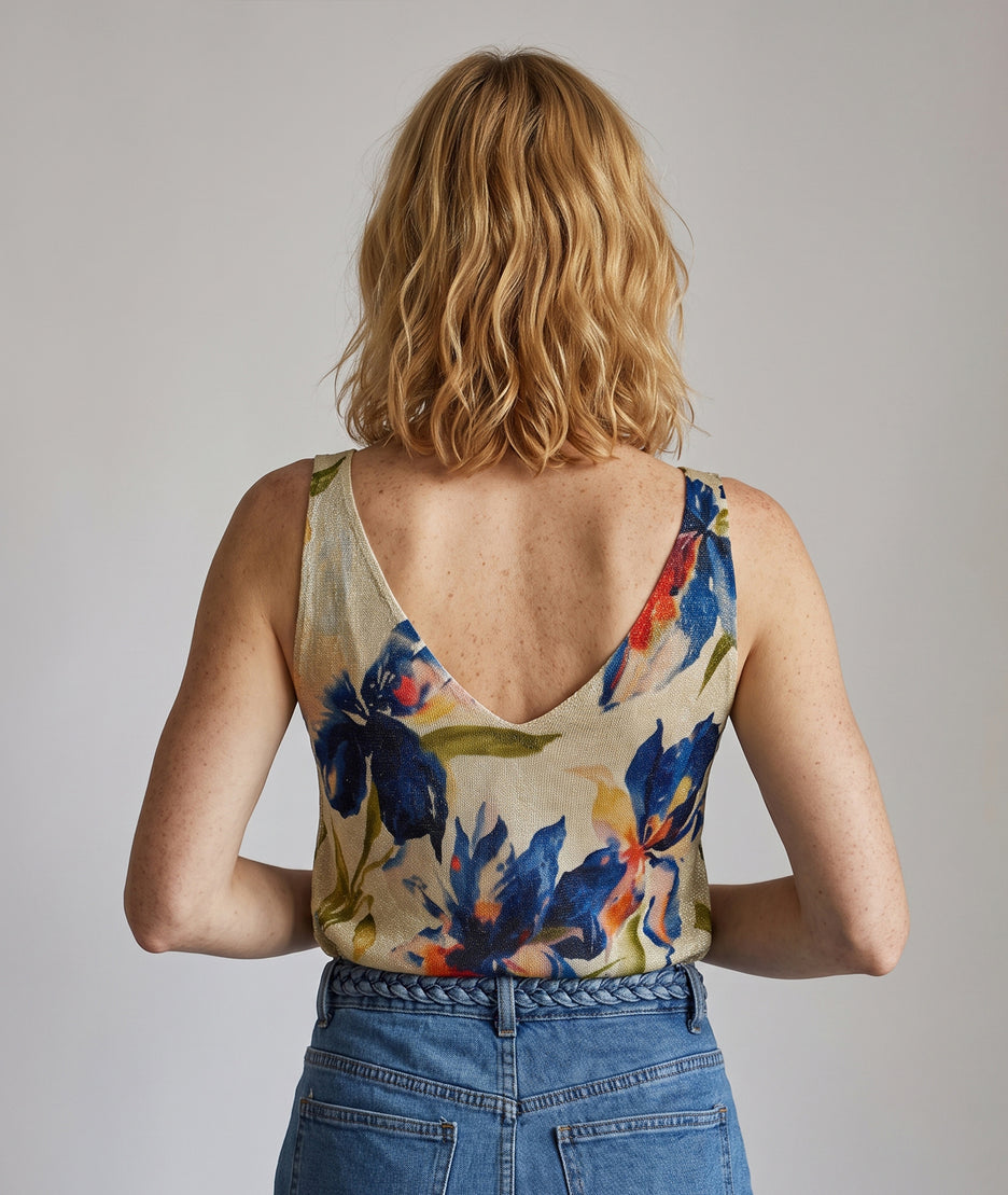 Débardeur Flore pailleté motif fleurs - bleu