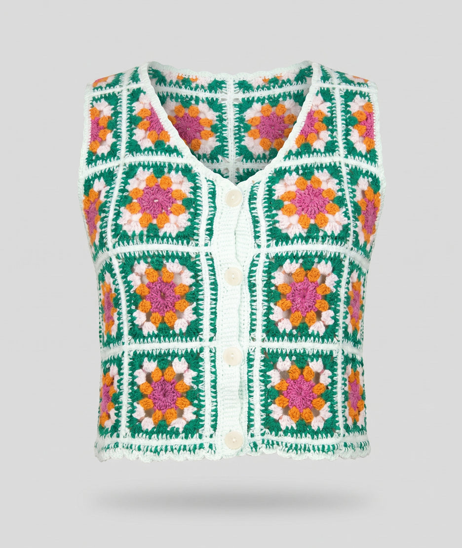 Débardeur Lili vert granny squares fleurs soleil emmanchures crochet dos fond blanc avant Carnaby