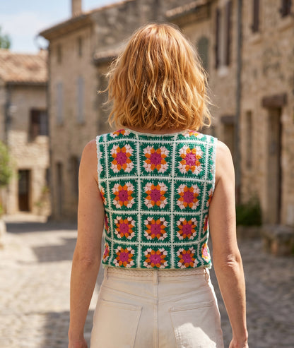 Débardeur Lili vert granny squares fleurs soleil emmanchures crochet dos  Carnaby