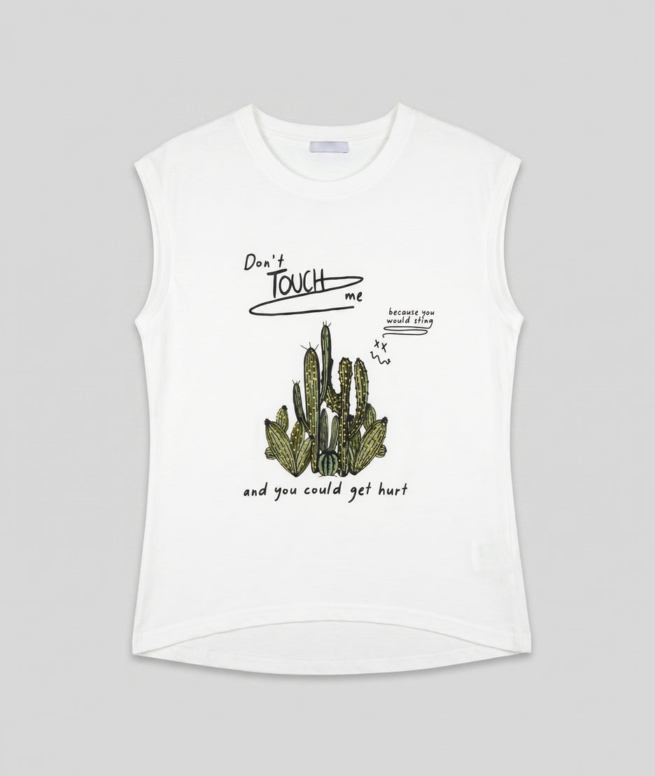 Débardeur Lison écru illustration cactus strass dorés épaulettes avant - Carnaby
