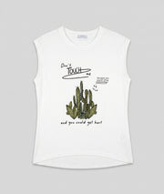 Débardeur Lison écru illustration cactus strass dorés épaulettes avant - Carnaby