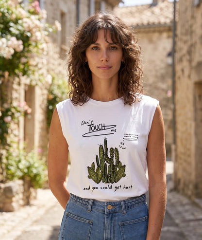 Débardeur Lison écru illustration cactus strass dorés épaulettes face avant - Carnaby