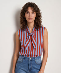 Chemise sans manches Paola col lavallière - bleu/rouge