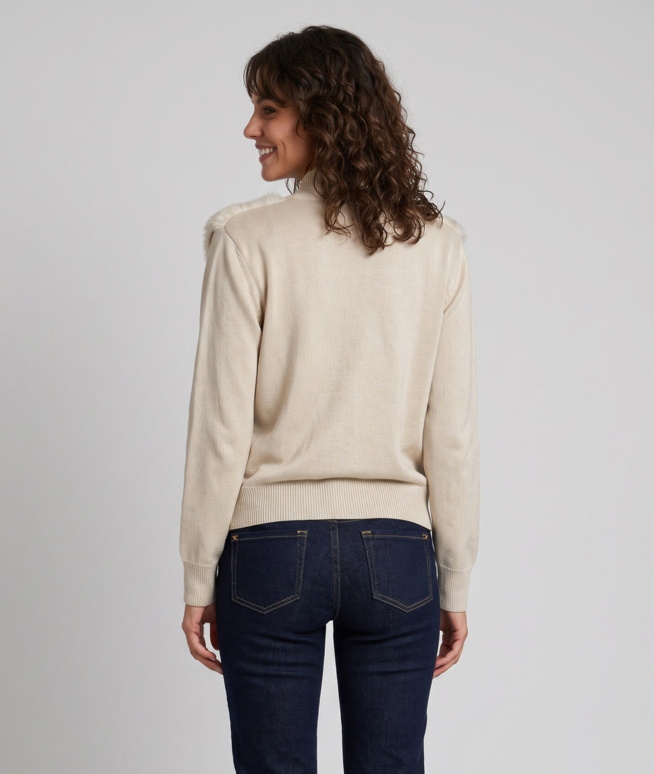 Gilet Brenda beige en maille et fausse fourrure femme
