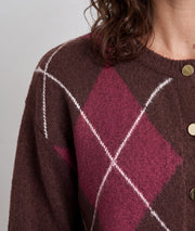 Cardigan losange femme Briana framboise à motif argyle et boutons dorés