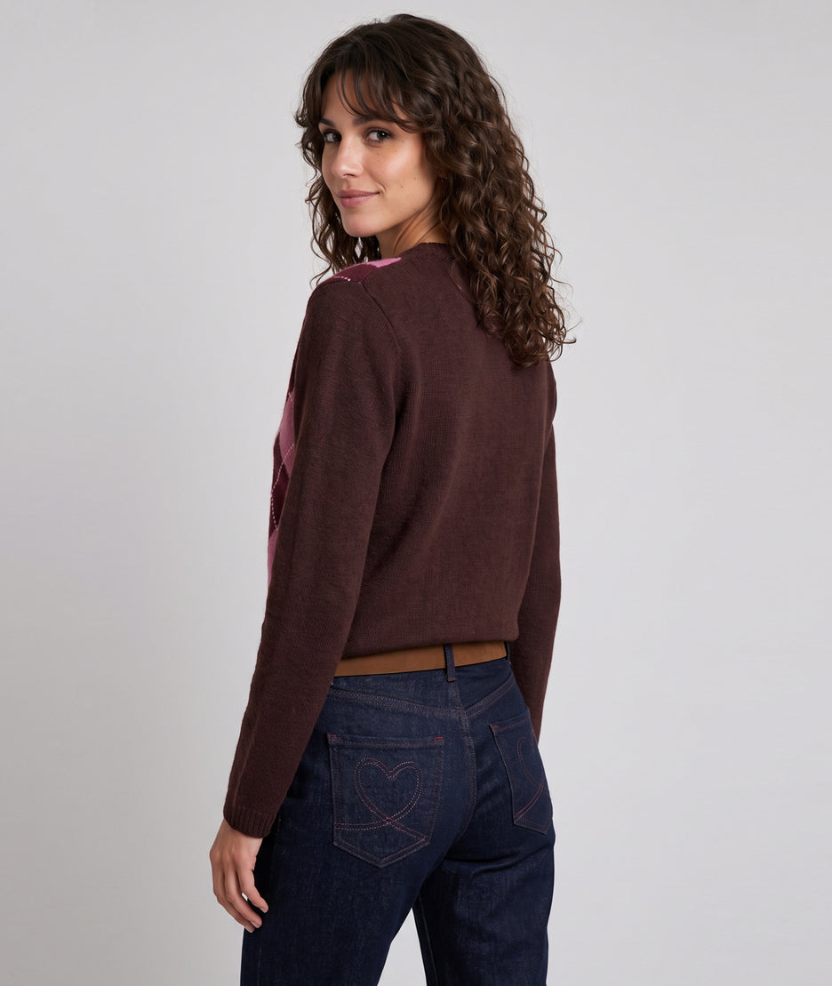 Cardigan losange femme Briana framboise à motif argyle et boutons dorés