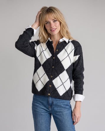 Gilet bi-matière maille et jean femme noir à boutons dorés