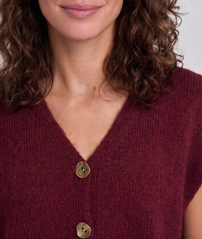 Gilet sans manches en maille femme Butonna bordeaux à col V et boutons métalliques 