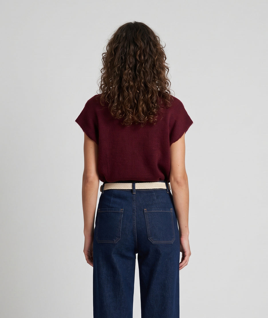 Gilet sans manches en maille femme Butonna bordeaux à col V et boutons métalliques 