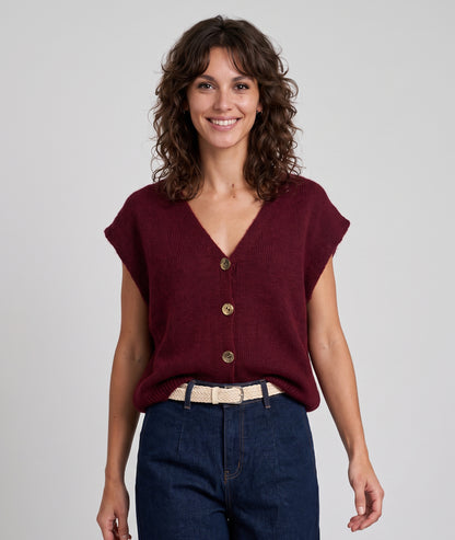 Gilet sans manches en maille femme Butonna bordeaux à col V et boutons métalliques