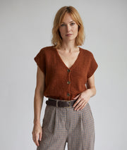 Gilet sans manches en maille femme Butonna brique à col V et boutons métalliques