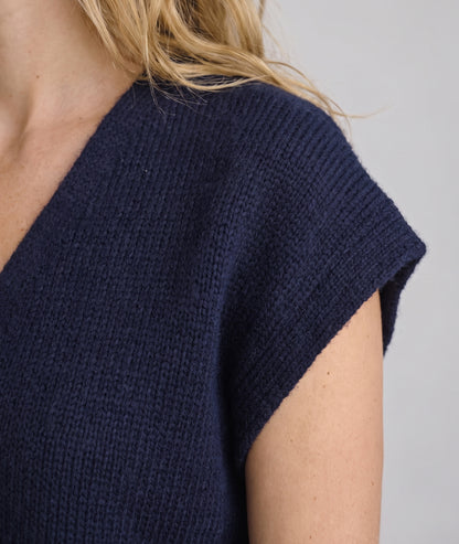 Gilet sans manches en maille femme Butonna marine à col V et boutons métalliques