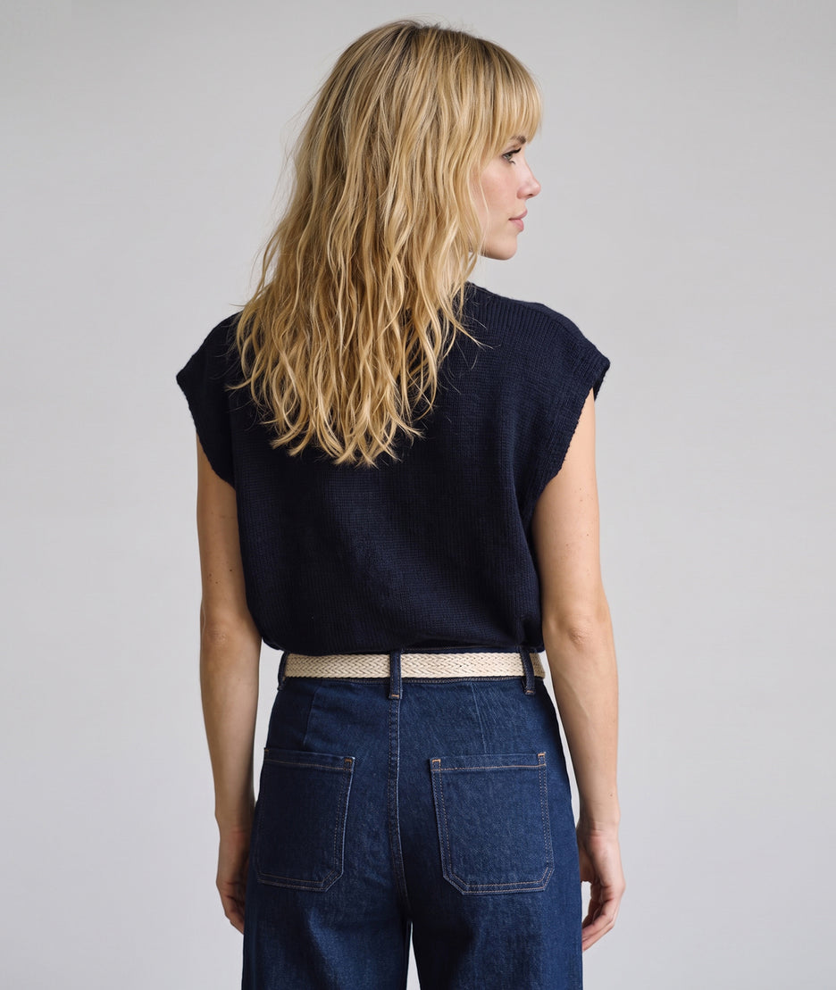 Gilet sans manches en maille femme Butonna marine à col V et boutons métalliques
