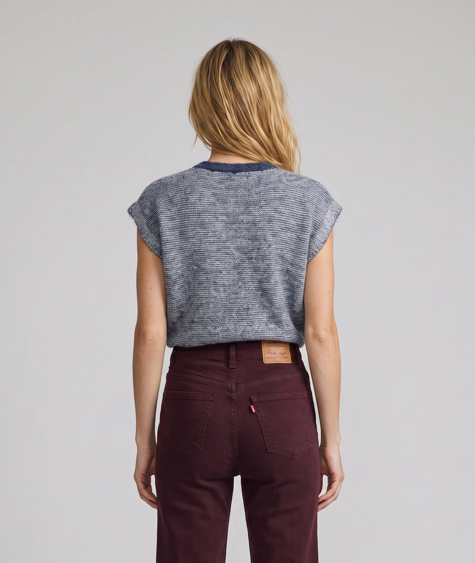 Gilet sans manches rayé femme en maille indigo à col V et boutons métalliques