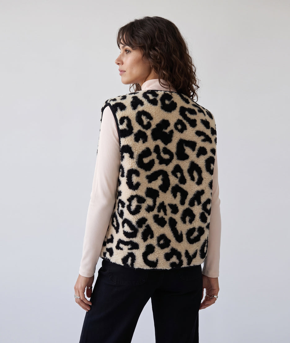 Gilet sans manches fausse fourrure léopard beige femme Doudou