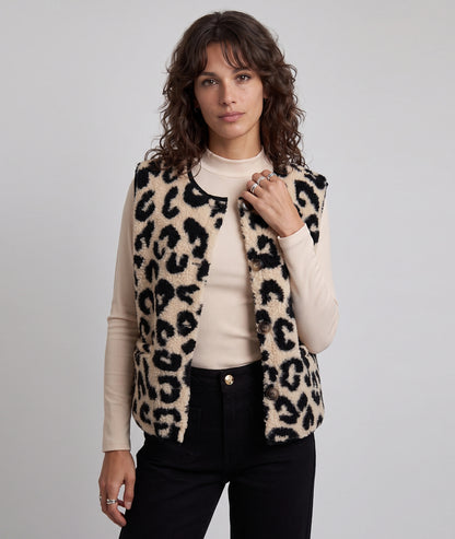 Gilet sans manches fausse fourrure léopard beige femme Doudou