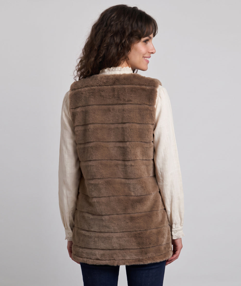 Gilet sans manches long en fausse fourrure taupe femme